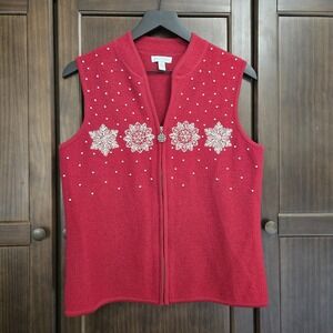 Charter Club Womens M Wool Beaded Snowflake Grandmacore Zip Sweater Vest Holiday